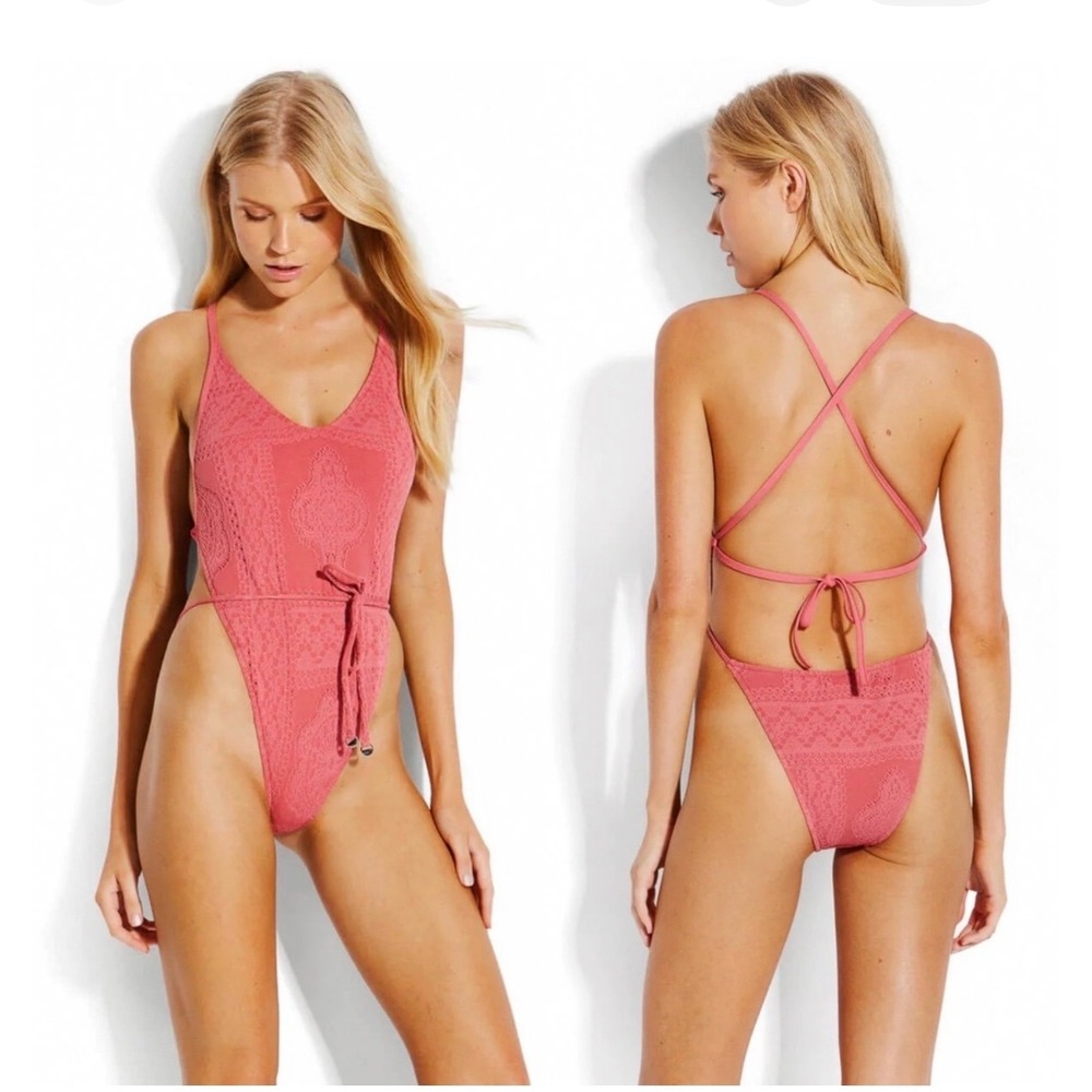 Seafolly NEW Daydreamer Wrap Maillot Eyelet One Piece Swimsuit Dalia Pink US  6